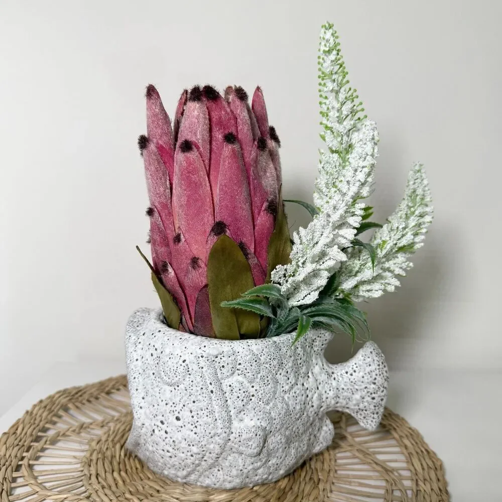 Handmade Artificial Pink Protea in Textured Fish Planter Arrangement